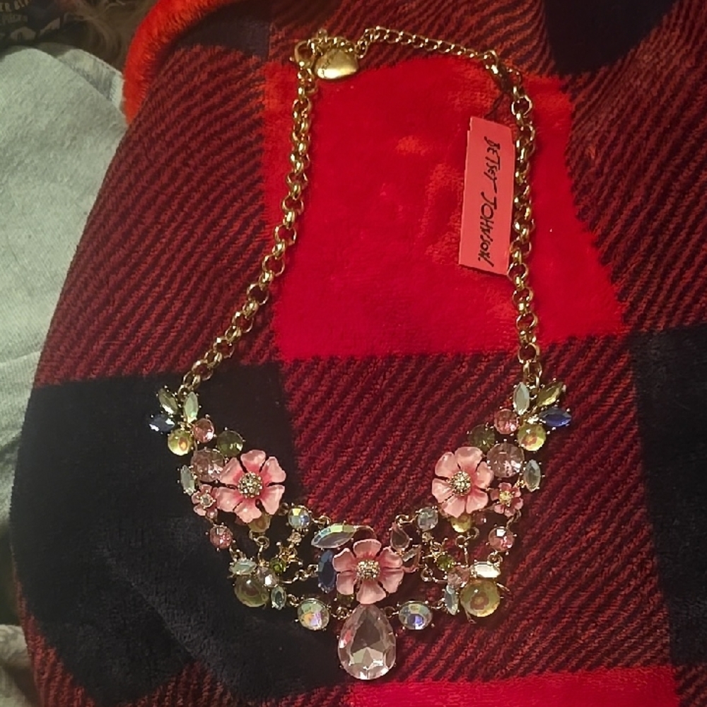 Betsey Johnson Gold and Pink Floral Necklace with Crystal Accents